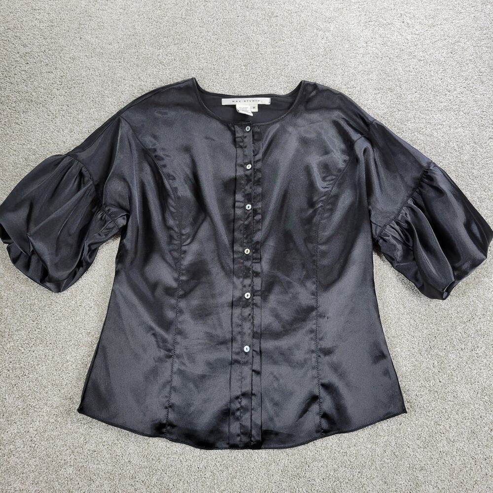 Vintage Max Studio Satin Top Womens M Black Puff Sleeve Button Up Whimsigoth